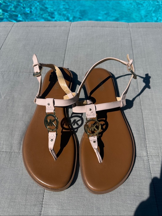 Michael Kors Shoes - Michael Kors Blush Pink T-Strap Sandals with Gold MK Emblems